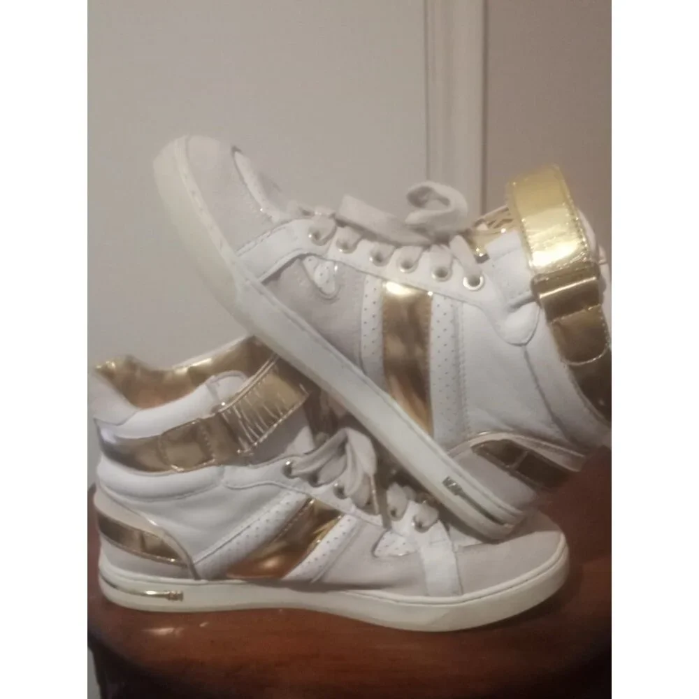 Women Michael Kors Athletic Tennis Shoes hightop logo SZ 7.5M Gold/white Leather - Picture 13 of 14